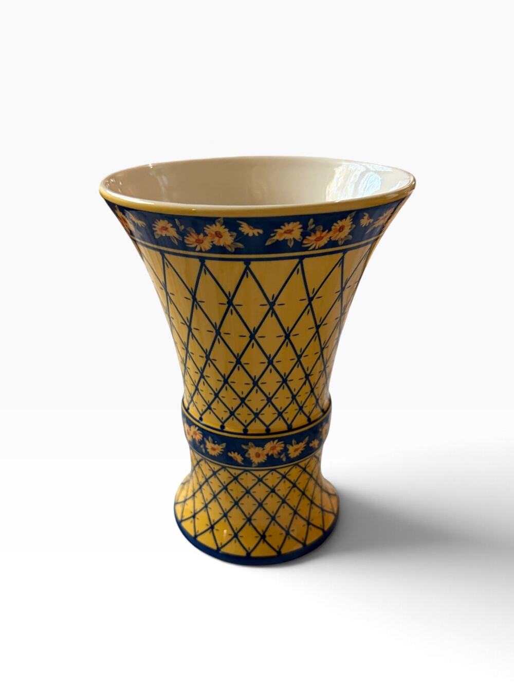 Vintage FTD Yellow & Cobalt Blue Sunflower Diamond Pattern Ceramic Flower Vase